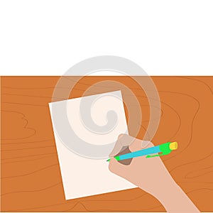 Hand writing drawing pen. Woman holding pencil. Paper sheet. Wooden desk table.