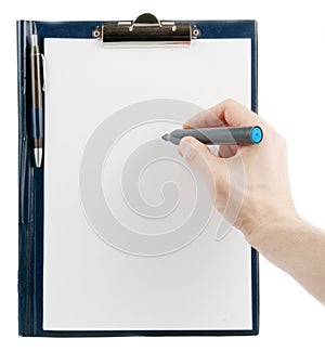 Hand writing on an empty document in a clipboard