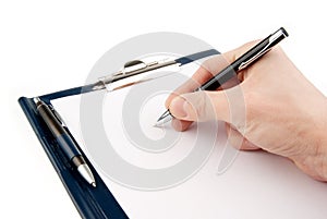 Hand writing on an empty document in a clipboard