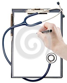 Hand writing on an empty document in a clipboard