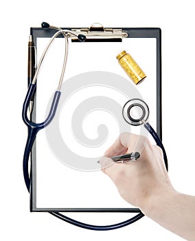 Hand writing on an empty document in a clipboard