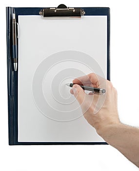 Hand writing on an empty document in a clipboard