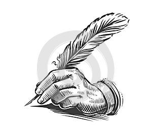 Hand writing with a feather. Illustration drawn in vintage engraving style