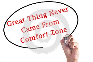 Hand writing Great Thing Never Came From Comfort Zone on transparent board