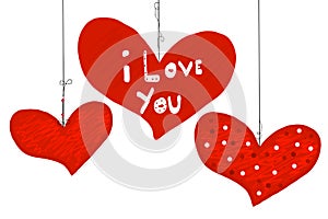 Hand writing ``I love you``text. Hearts. Happy valentine`s day doodle hearts. Greeting card