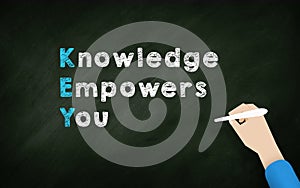 Hand Writing `Knowledge Empowers You` Phrase In Chalk bored. Inspirational Words for Business Motivation