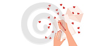 Hand writing letter, envelope and scattered red hearts on white background with copy space, top view. Flat vector illustration