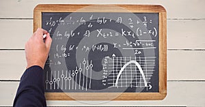 Hand writing math equations on blackboard