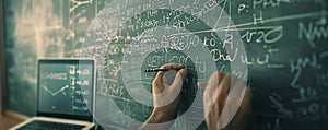 Hand writing math equations on a chalkboard