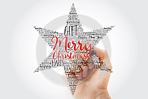 Hand writing Merry Christmas. Christmas star word cloud, holidays lettering collage