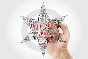 Hand writing Merry Christmas. Christmas star word cloud, holidays lettering collage