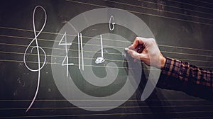 Hand writing music notes on a score on blackboard