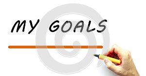 Hand writing MY GOALS with marker.  on white background