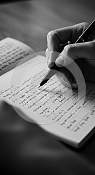 Hand Writing in a Notebook Close Up Black and White