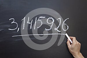 Hand writing the number Pi on a chalkboard