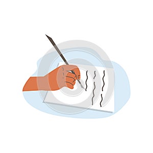 Hand writing on paper with pen, flat cartoon vector illustration isolated.