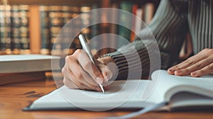 The writing hand on book. AI generated