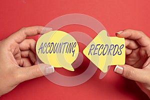 Hand writing sign Accounting Records. Word Written on Manual or computerized records of assets and liabilities