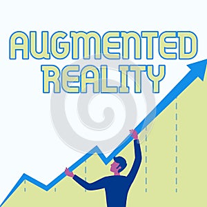 Hand writing sign Augmented Reality. Business approach interactive experience of a realworld environment Man Drawing