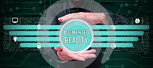 Hand writing sign Augmented Reality. Business idea technology that imposes computer image on the real world