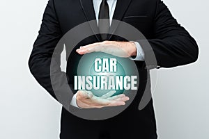 Hand writing sign Car Insurance. Concept meaning Accidents coverage Comprehensive Policy Motor Vehicle Guaranty
