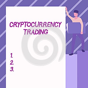 Hand writing sign Cryptocurrency Trading. Business showcase act speculating on price movements via a CFD account Man