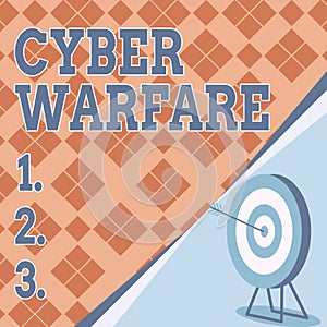 Hand writing sign Cyber Warfare. Word for Virtual War Hackers System Attacks Digital Thief Stalker Target With Bullseye