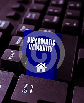 Hand writing sign Diplomatic Immunity. Business approach law that gives foreign diplomats special rights in the country