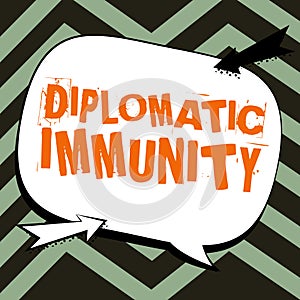 Hand writing sign Diplomatic Immunity. Concept meaning law that gives foreign diplomats special rights in the country