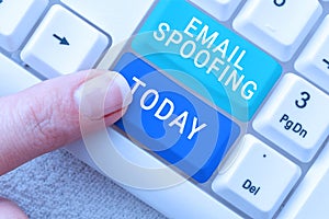 Hand writing sign Email Spoofing. Business concept secure the access and content of an email account or service