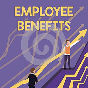 Hand writing sign Employee Benefits. Business overview Indirect and noncash compensation paid to an employee Arrows photo