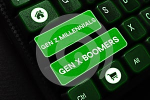 Hand writing sign Gen Z Millennials Gen X Boomers. Word for Generational differences Old Young people