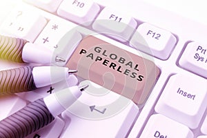 Hand writing sign Global Paperlessgoing for technology methods like email instead of paper. Word Written on going for
