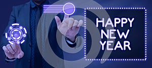 Hand writing sign Happy New Year. Internet Concept Greeting Celebrating Holiday Fresh Start Best wishes Businesswoman