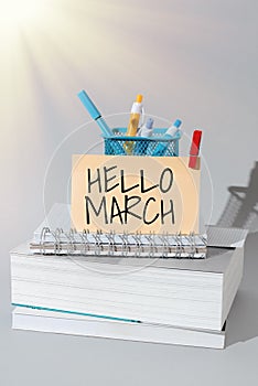 Hand writing sign Hello March. Word for musical composition usually in duple or quadruple with beat -47602