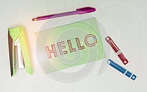 Hand writing sign Hello. Word Written on used as a greeting or to begin a telephone conversation Greet someone