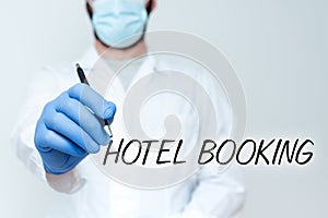 Hand writing sign Hotel Booking. Business idea Online Reservations Presidential Suite De Luxe Hospitality Scientist photo