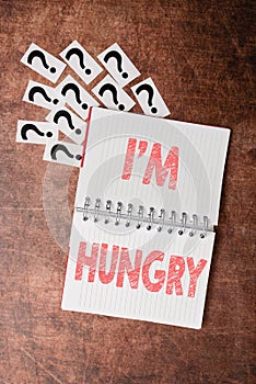Hand writing sign I M Hungry. Word Written on having a strong wish or desire for something to put on stomach Progress In
