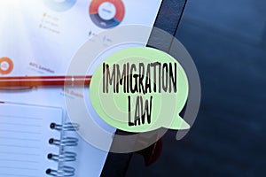 Hand writing sign Immigration Law. Internet Concept national statutes and legal precedents governing immigration