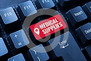 Hand writing sign Medical Supplies. Business idea Items necessary for treatment of illness or injury Abstract Typing