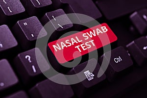 Hand writing sign Nasal Swab Test. Word Written on diagnosing an upper respiratory tract infection through nasal