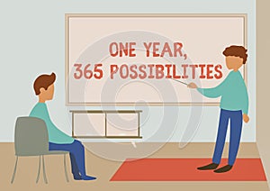 Hand writing sign One Year, 365 Possibilities. Business showcase Fresh graduates start Opportunities New career Teacher