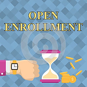 Hand writing sign Open Enrollment. Internet Concept policy of allowing qualifying students to enroll in school