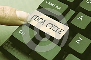 Hand writing sign Pdca Cycle. Conceptual photo use to control and continue improve the processes and products Converting