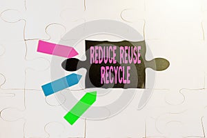Hand writing sign Reduce Reuse Recycle. Concept meaning environmentallyresponsible consumer behavior Building An