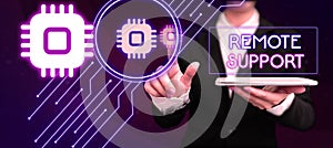 Conceptual caption remote support. Word for help end-users to solve computer problems and issues remotely