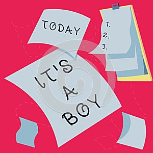 Hand writing sign It's A Boy. Business overview Expecting a male baby cute blue colors a lot of car toys