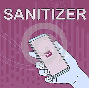 Hand writing sign Sanitizer. Conceptual photo liquid or gel generally used to decrease infectious agents Hand Holding