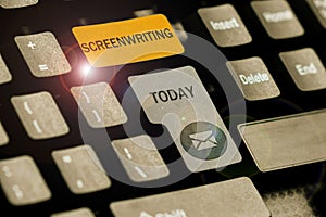 Hand writing sign Screenwriting. Word Written on the art and craft of writing scripts for media communication