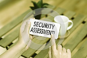 Hand writing sign Security Assessment. Business idea study to locate IT security vulnerabilities and risks Voice And